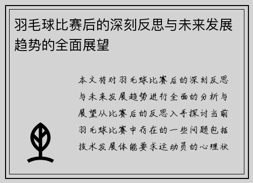 羽毛球比赛后的深刻反思与未来发展趋势的全面展望